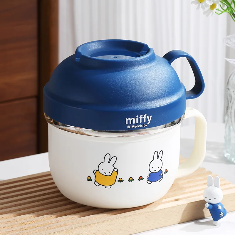 Fiambrera de acero inoxidable con conejo Miffy Kawaii, cuenco de fideos instantáneo cubierto con dibujos animados para estudiantes, vajilla portátil para niños