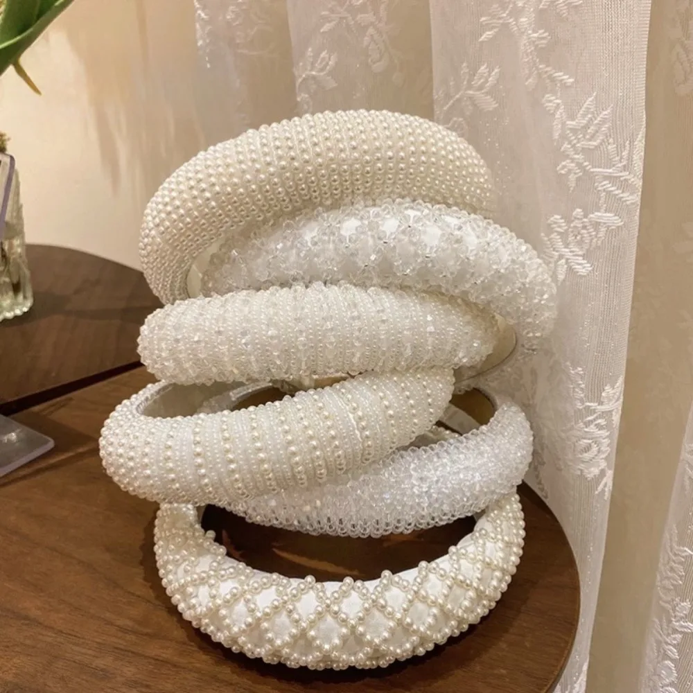 Sweet Pearl Pearl Hair Hoop Hand Strung Beads Round Pearl Decor Headband Retro Style Handmade Headwear Women