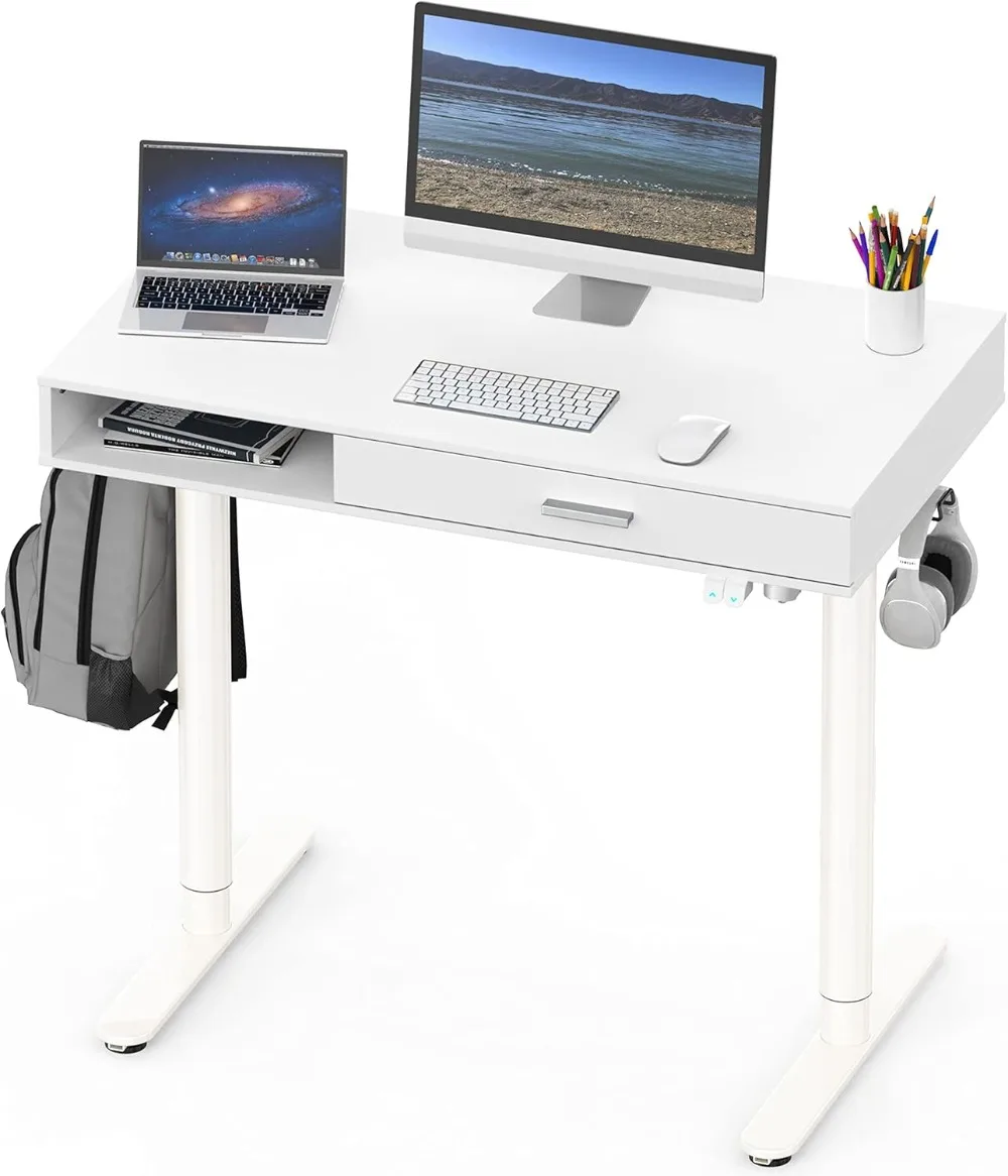 Claire Mesa de pé elétrica ajustável em altura de 40 polegadas com gaveta, branca