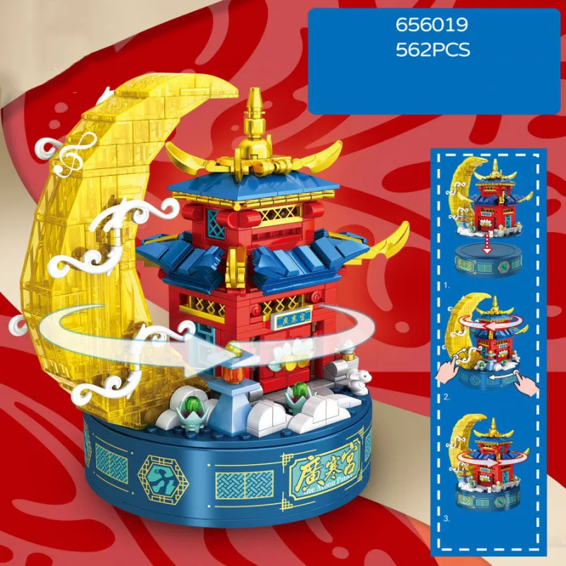 Chinese Mythological Architecture Building Block Creative Music Box Construction Brick Moon Palace Educational Toys With Light