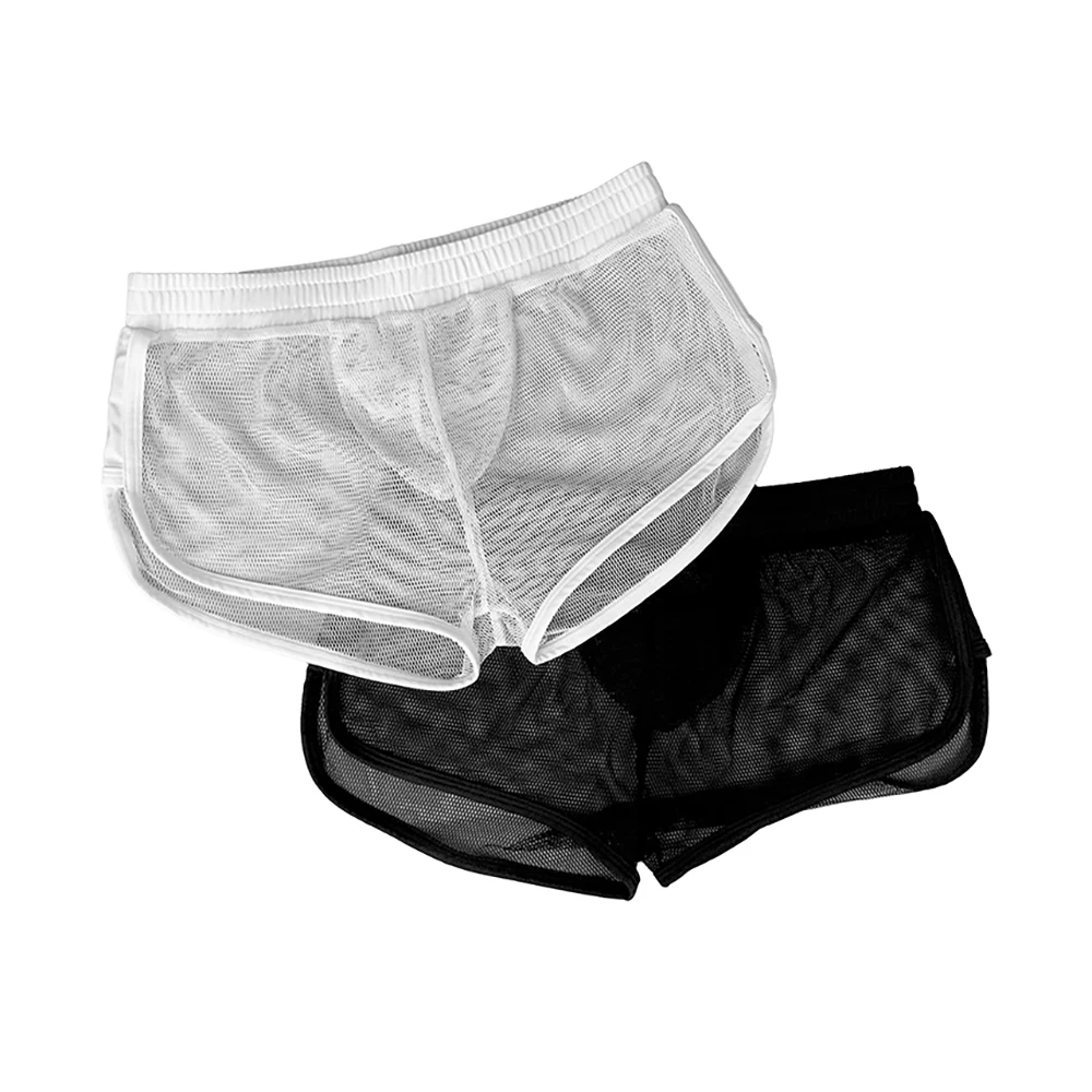 Calzoncillos transparentes de malla fina para hombre, ropa de dormir Sexy para el hogar, pantalones de salón, pijama de poliéster convexo con bolsa