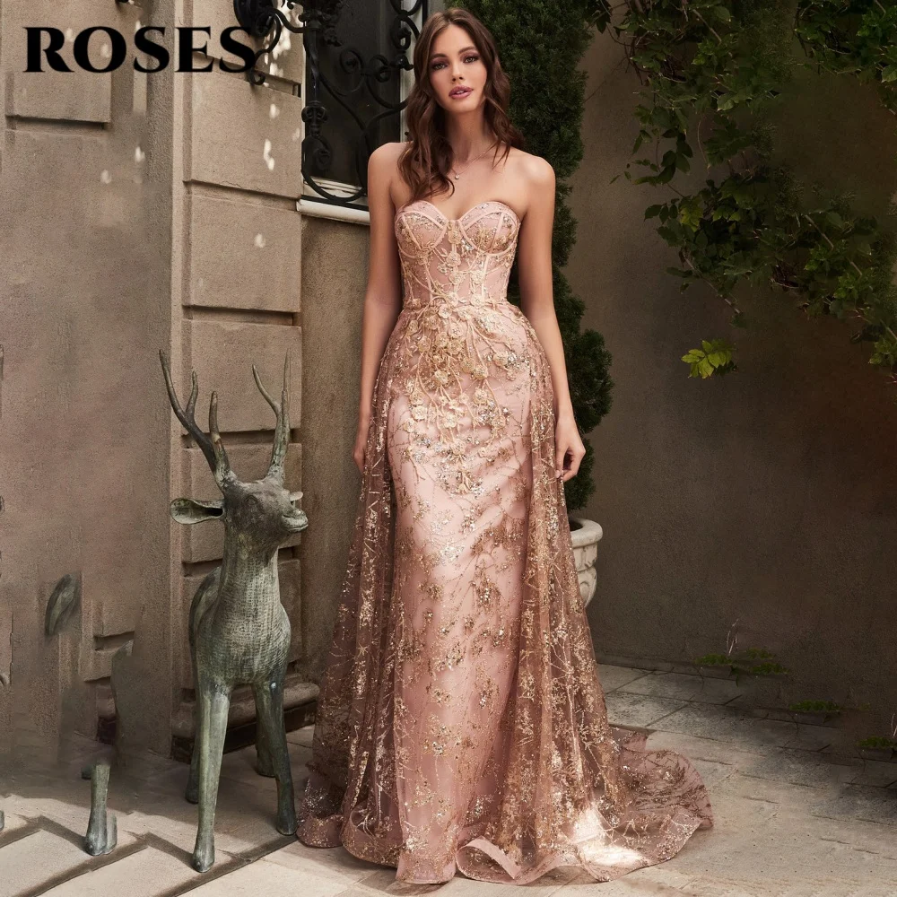 

ROSES Rose Gold Elegant Prom Dresses Sweetheart Hollow Backless Prom Gown Shiny Lace Applique Formal Gown for Woman Customized