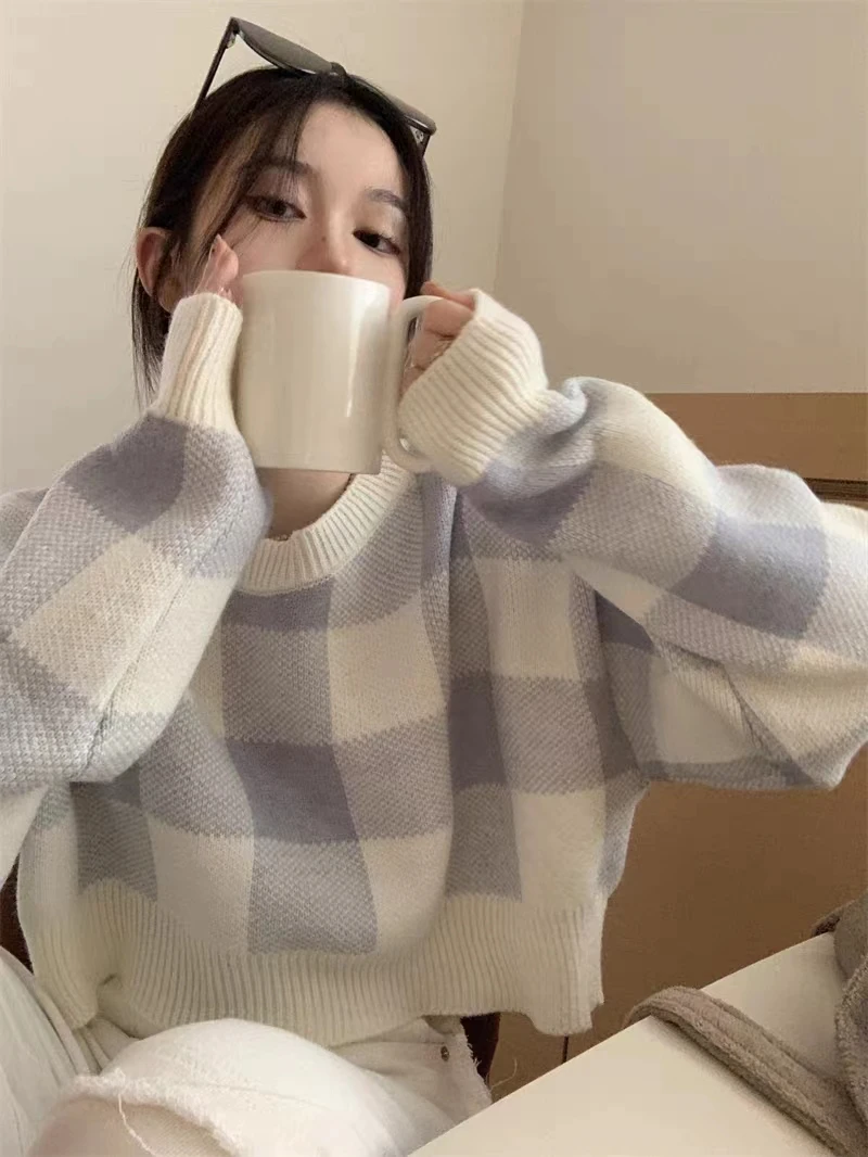 

Осенне-зимний клетчатый круглый свитер Ne, женский вязаный дизайн, маленький размер, шикарный топ, удобный теплый модный