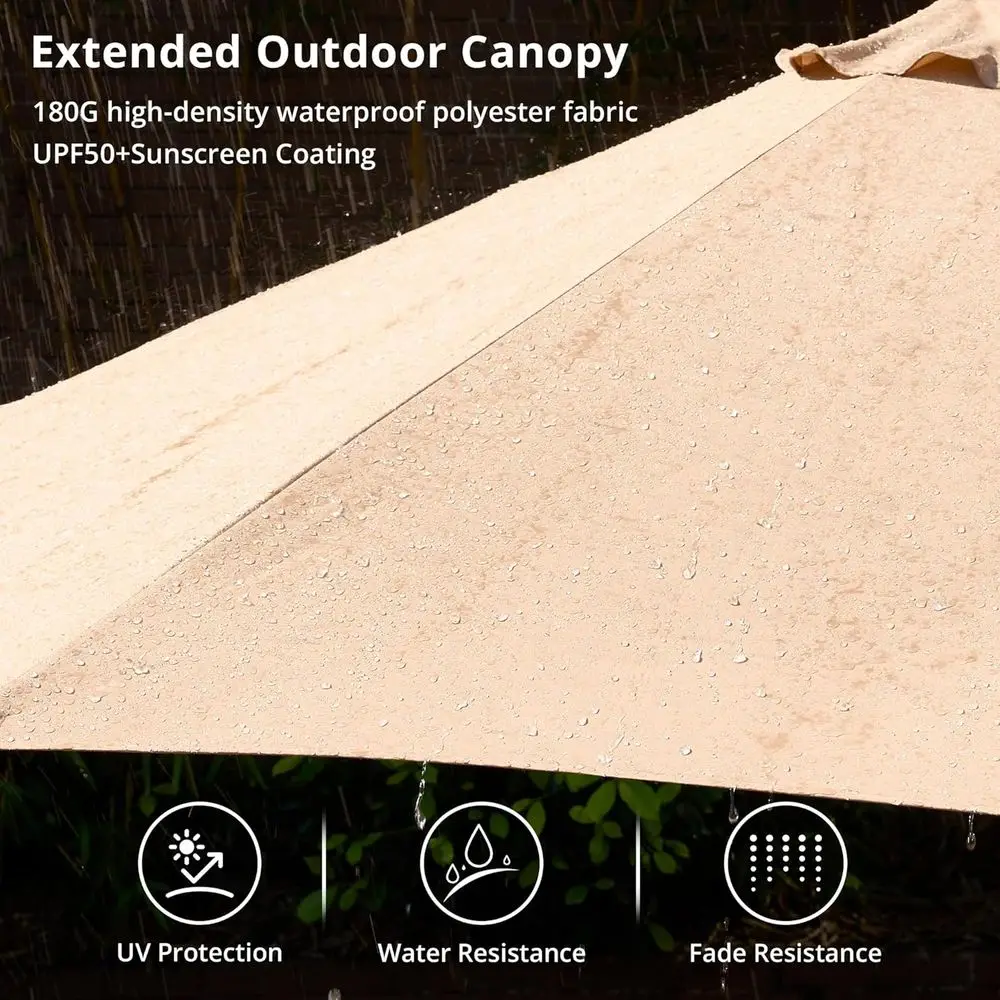 15ft Solar-Powered Patio Umbrella with RGB Lights and Base for Outdoor Decks and Poolside