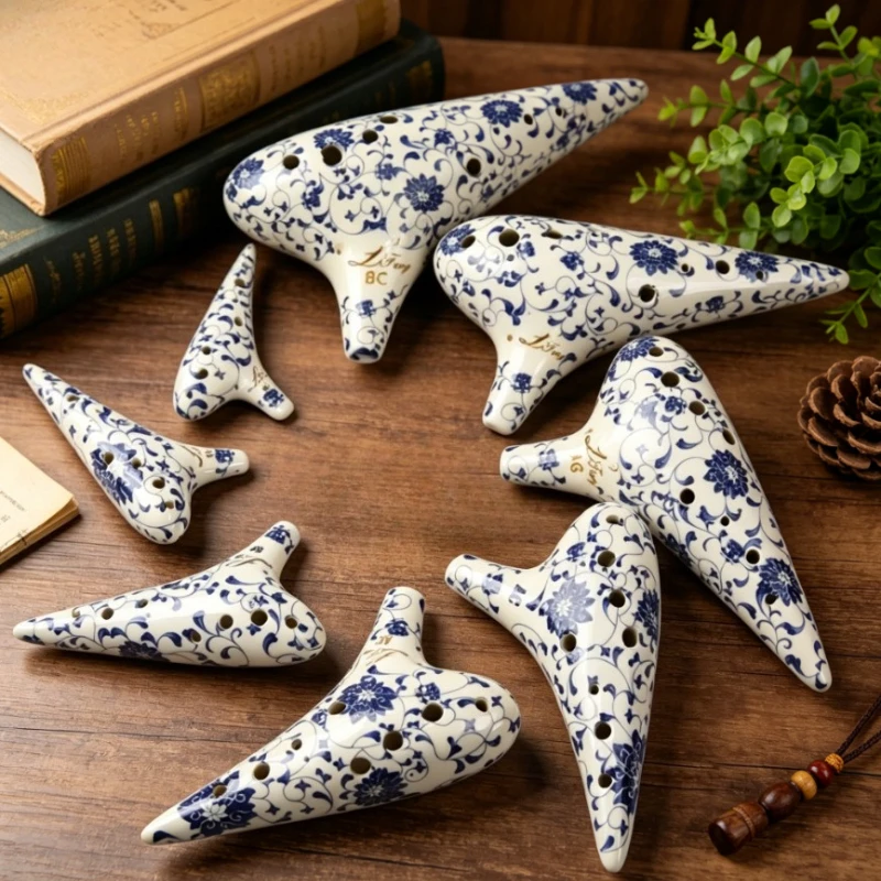 Ocarina Orff de 12 Orificios, Ocarinas de Cerámica Azul y Blanca, Flauta Portátil para Niños, Ocarina, Instrumento Musical Profesional, Silbatos