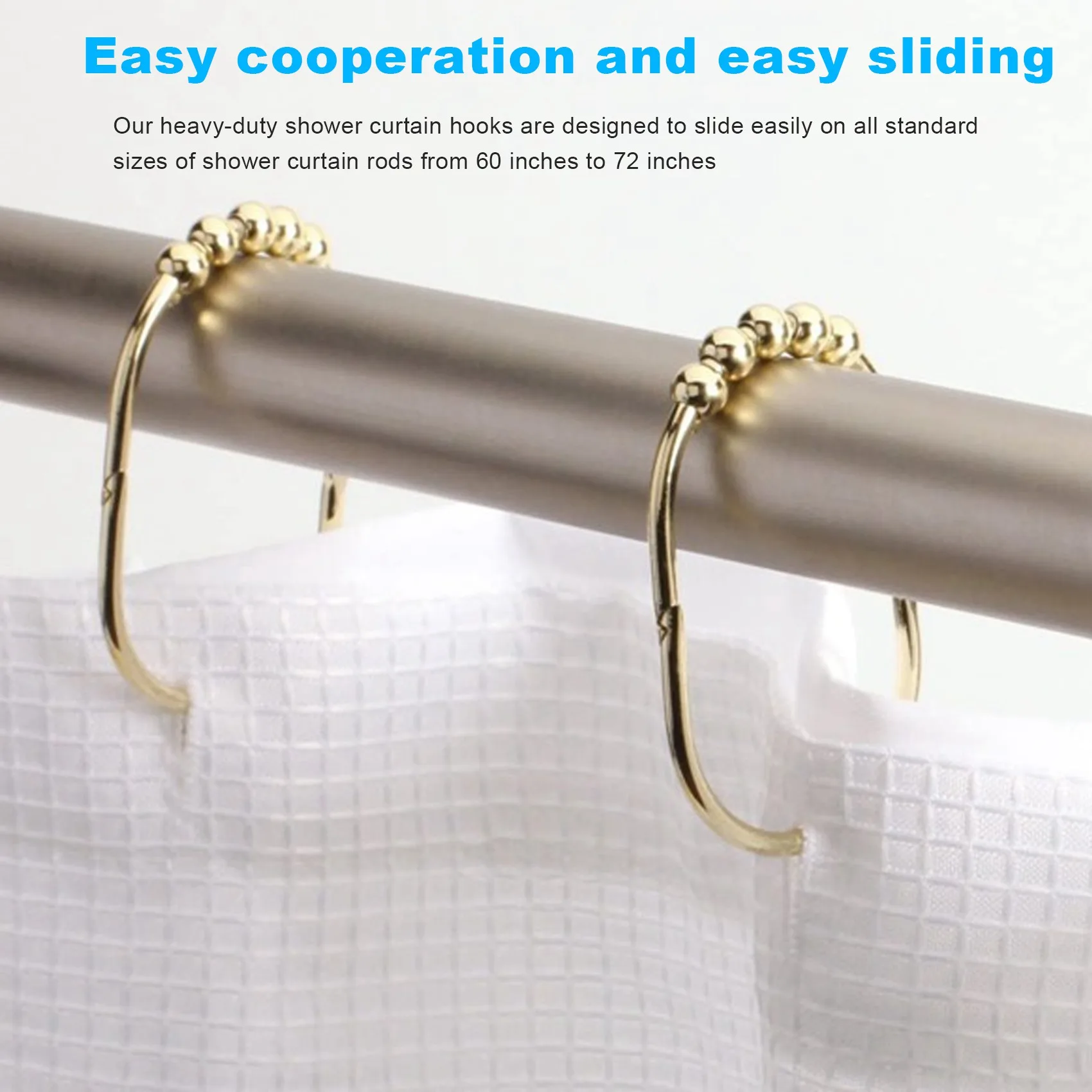 12 Pack Wide Shower Curtain Rings Hooks Set,Decorative Chrome Finish,Easy Glide Rollers,Rings for Shower Rods,Gold