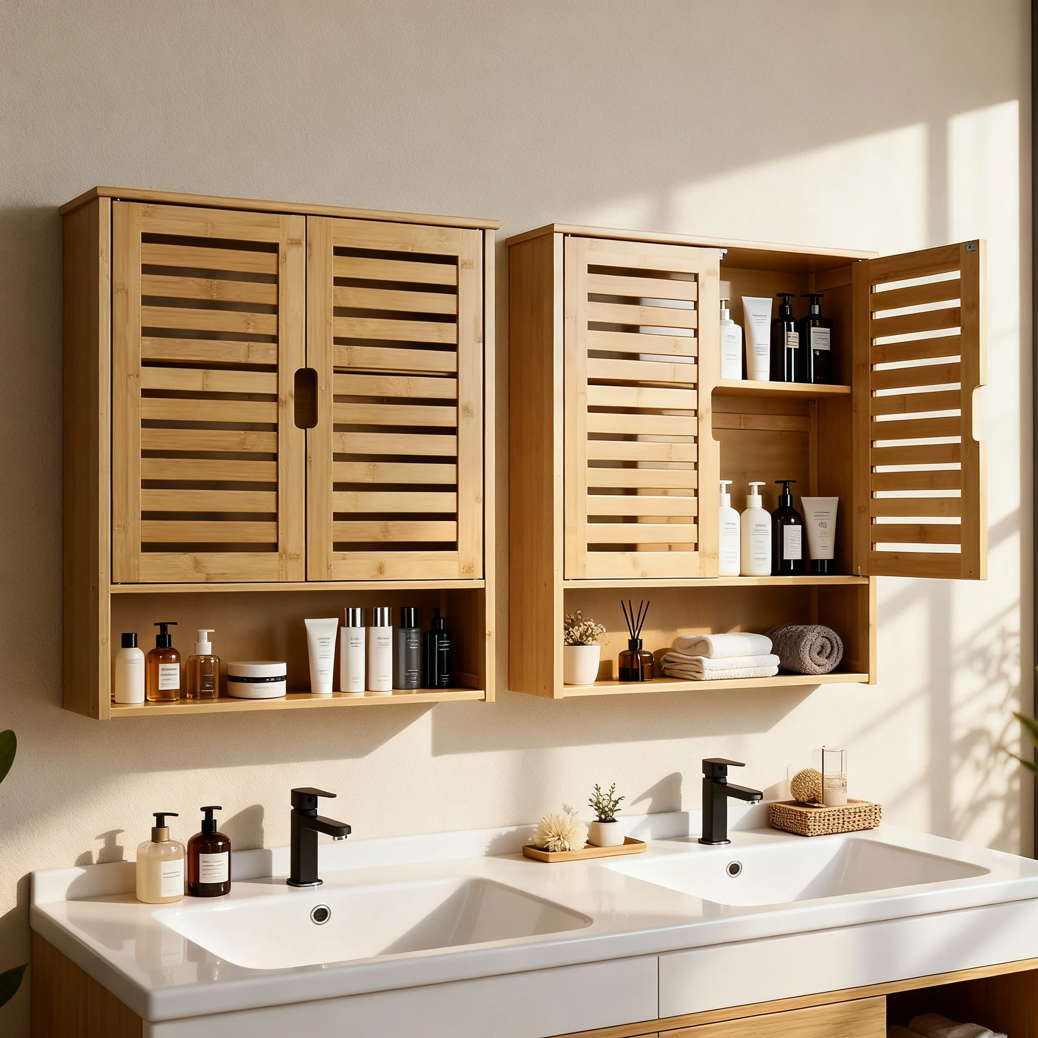Bamboo Bathroom Wall Cabinet with Doors, 3 Tier Over The Toilet Storage Cabinet - Wall Mounted Wooden Kitchen Cabinet Organizer Cupboard with Adjustable Open Shelf, 23 Inch