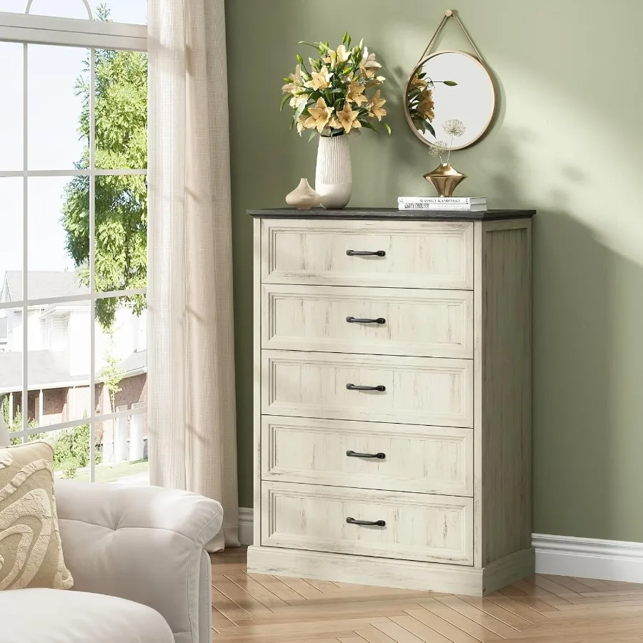 خزانة ذات 5 أدراج لغرفة النوم مزرعة 44 خزانة بيضاء طويلة ذات أدراج خشبية ريفية مع مقبض معدني عريض نسيج تورال