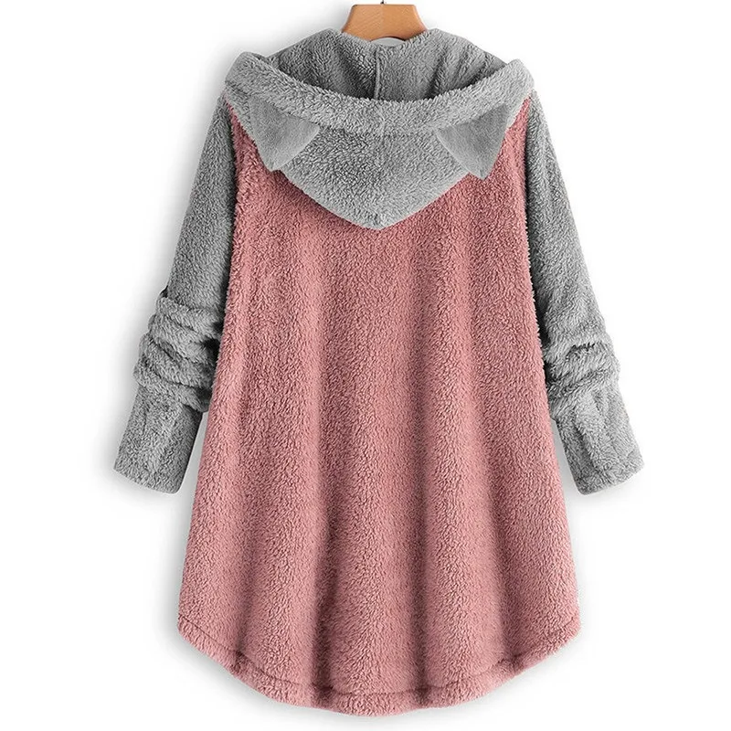 Fluffy Hooded Coat Women Autumn Winter Plush Hoodies Female Kawaii Cat Ears Long Sleeve Coats Female Warm Casual Buttons Tops