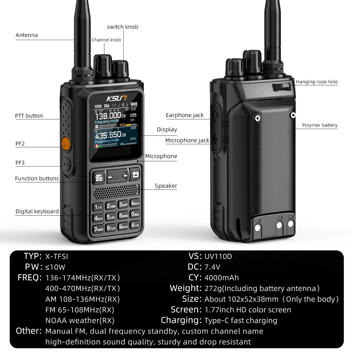 KSUN-Talkie-walkie perforé UV110D VHF UHF, bande de touristes, radio jambon, transcec 10W, lampe de poche SOS, radio bidirectionnelle 0-9 Squelch Blue-tooth