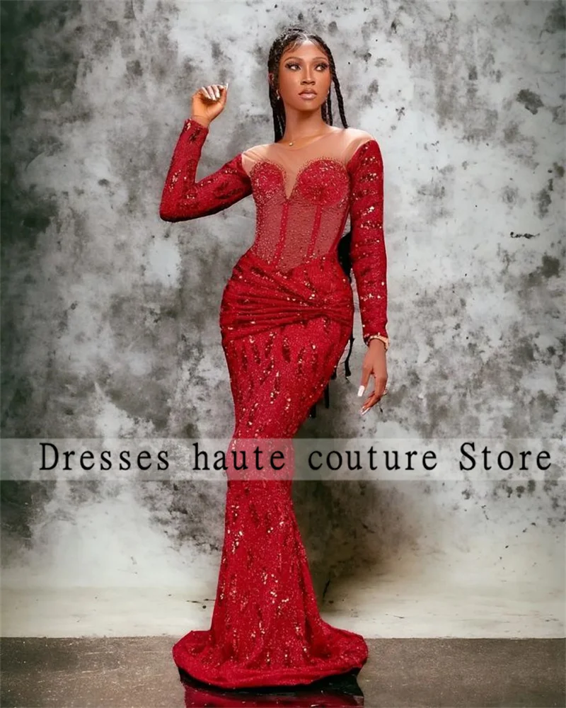 Aso Ebi Red Beaded Lace Evening Dresses 2024 African Women Wedding Party Dress Nigerian Mermaid Sequin Prom Gowns Robe De Bal