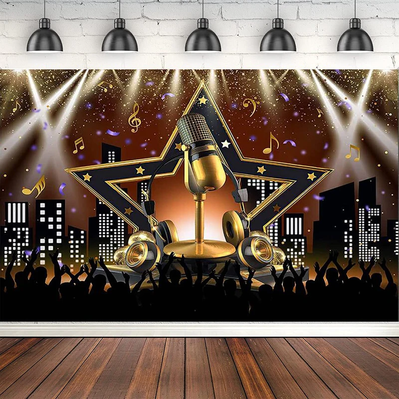 Karaoke Party Photography Backdrop Star Vacation Party Decorations Background Night Show Microphone Karaoke Theme Photo Booth