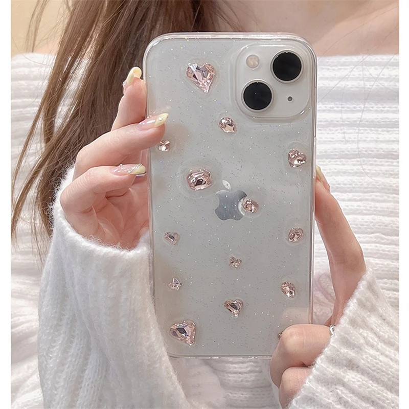 Korea Glitter Pink Diamond Heart Epoxy Phone Case For iPhone 14 13 12 11 Pro Max X XS XR 7 8 SE 3 Clear Silicone Cover Funda