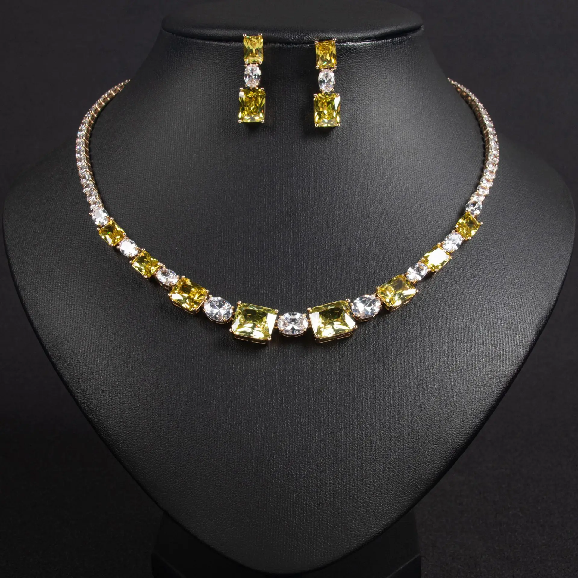 HIBRIDE 2 Pcs Gentle Square Jewellery Accessories Cubic Zirconia Ladies Necklace Earrings Set Engagement Party Easter Gift S-428