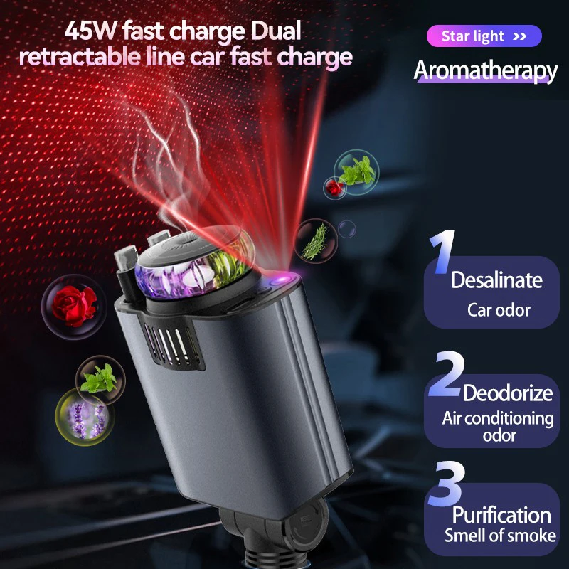 

5-in-1 Retractable Car Charger 45W Fast Charging with Aromatherapy Starry Sky LED Lights USB Type-C Power Adapter for IOS Phone
