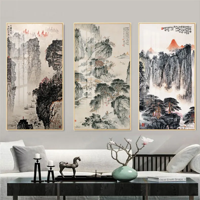 Abstract Mountain Landscape Guest-Greeting Pine Canvas Painting Chinese Wall Art Picture Poster Print for Room Home Office Décor