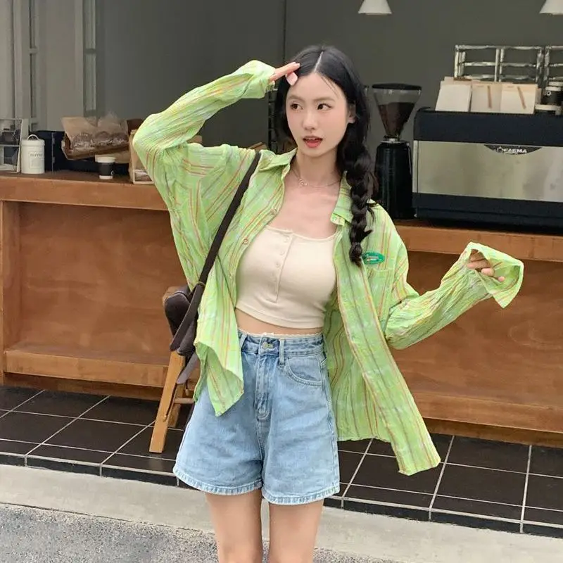 

Summer Thin Green Plaid Women's Shirt Jacket Loose Slimming Retro Sun Protection Long Sleeve Casual Style Polyester Fiber