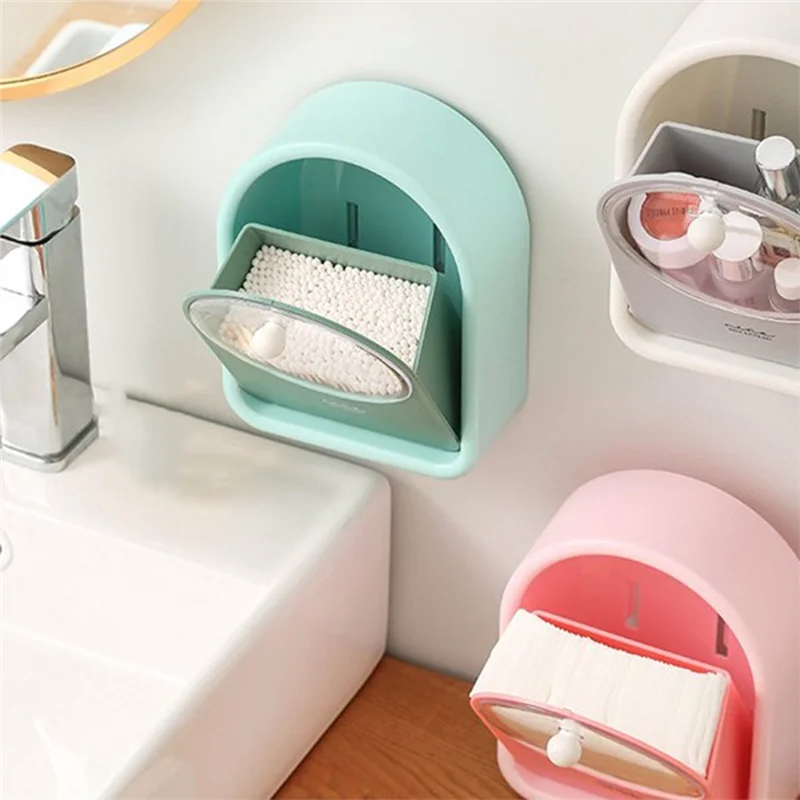 

A96K-Punch-Free Storage Box Wall-Mounted Organizer Wall Mounted Flip Adhesive Cosmetic Cotton Swab Holder Home