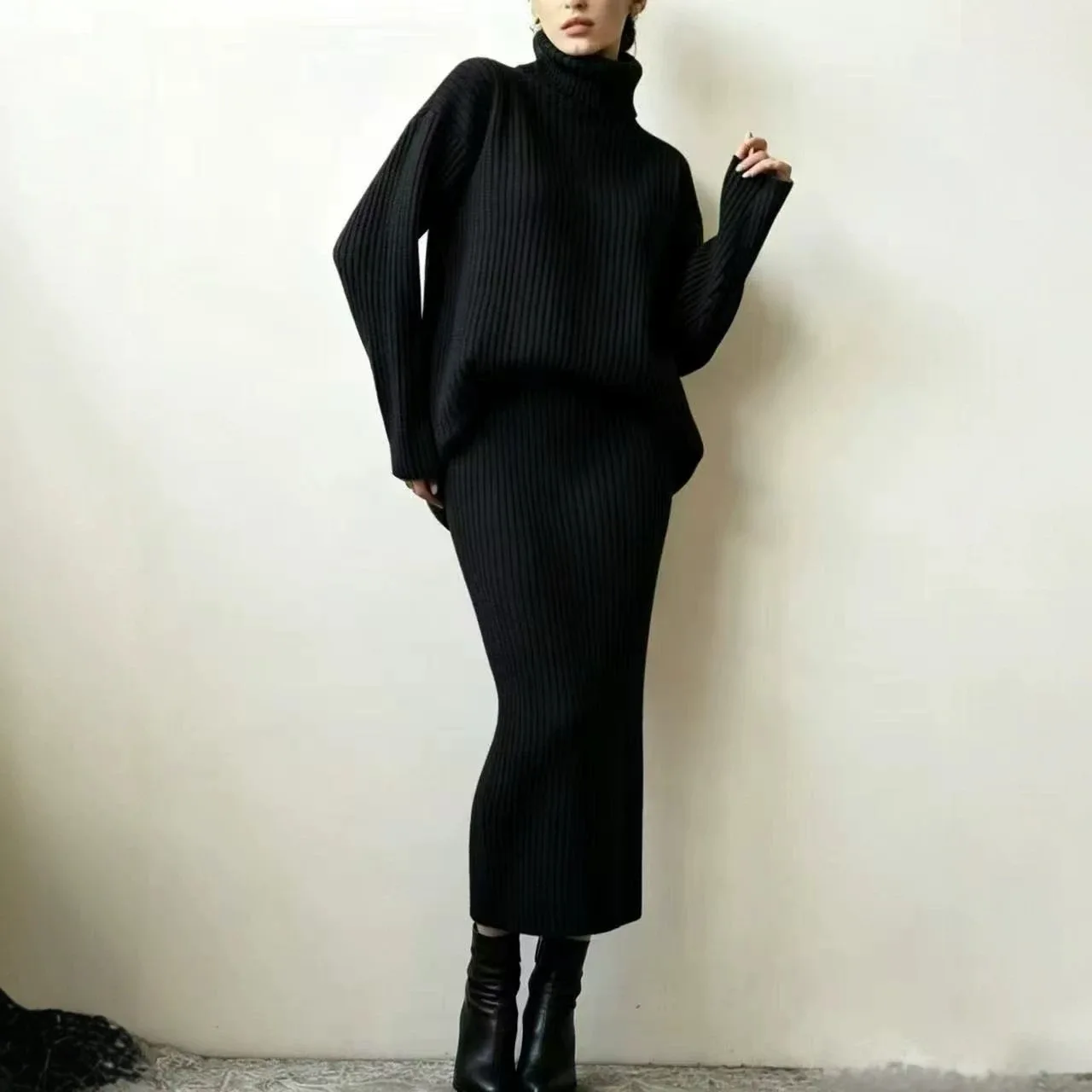 Chic Wind Turtleneck Sweater Set Women's Loose Thermal Cover Head Pit Strip Skirt Sweater Two-piece Set Y2K Knitted Outfits