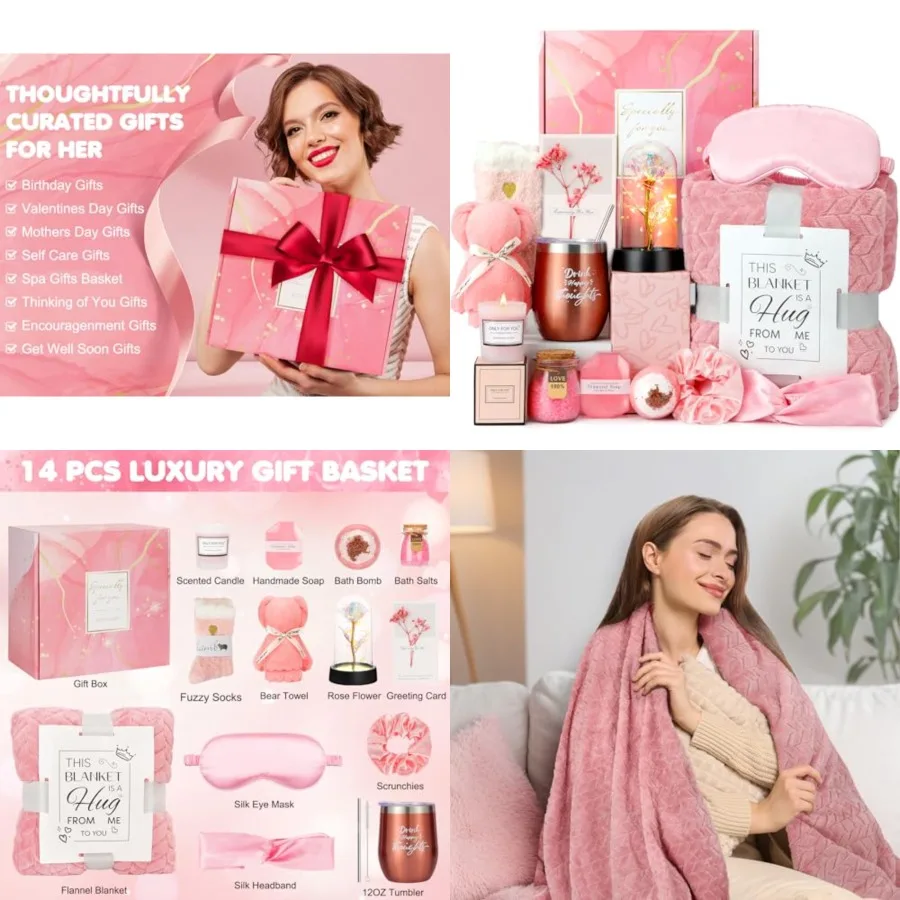 

Birthday and Get Well Gifts for Women - Relaxing Spa Care Package With Luxury Flannel Blanket, Light-Up Flower - Unique Self Ca
