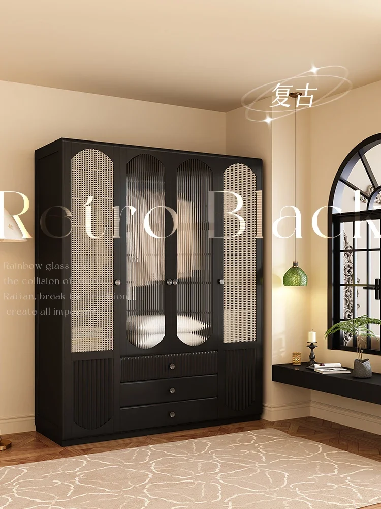 Nordic solid wood wardrobe modern minimalist home bedroom wabi sabi retro rattan wardrobe opposite door four or