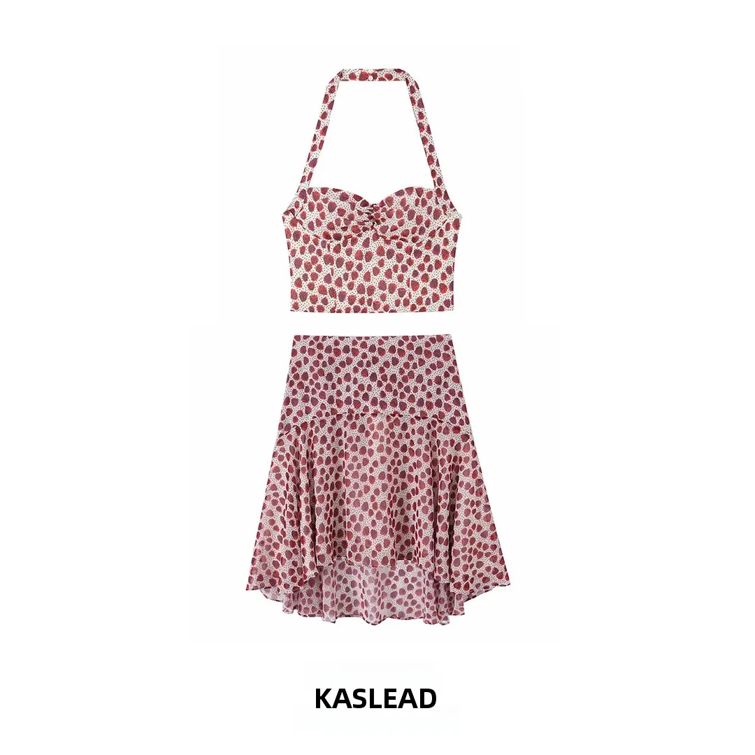 

KASLEAD New Women's Floral Print Halter Neck Top And Skirt Set Spring Fashion Casual Sleeveless Two-Piece Ensemble
