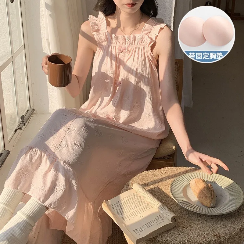 M-2XL Large Size Mid Sleep Dress Women Summer Korean Sweet Sleeveless Pajamas Sleepwear with Chest Pad Loose Outside Homewear