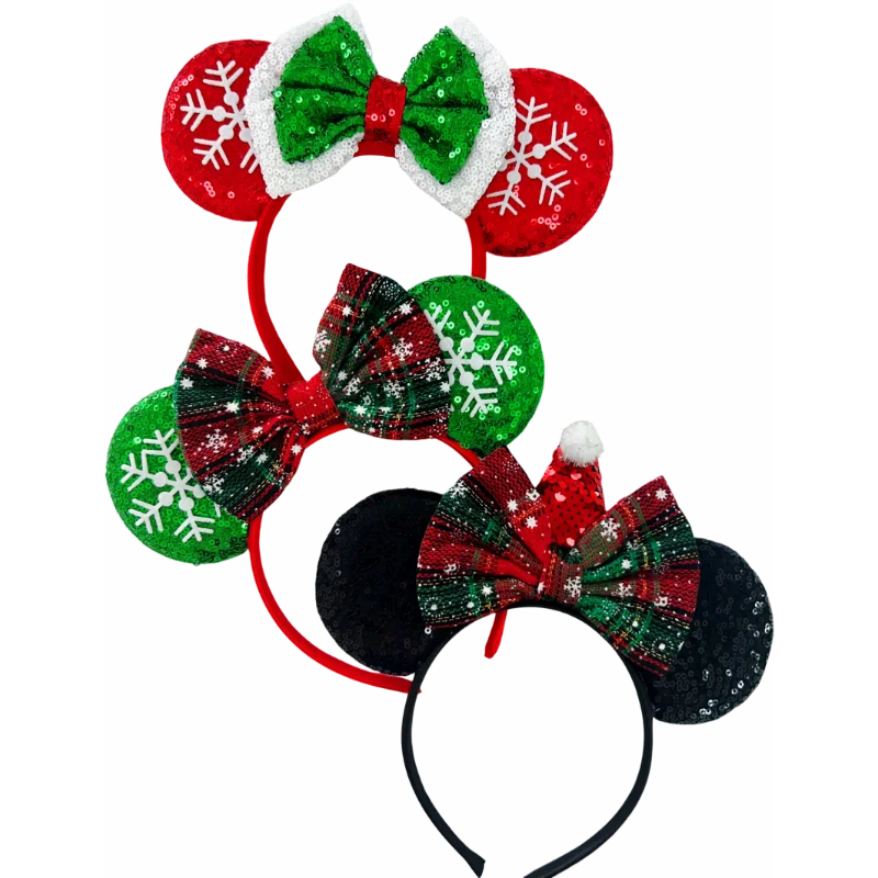 2024 Mickey Mouse Ears Headband Christmas Snowflake Festival Sequins Bow Hairband Women Girls Party Hair Accessories Gift