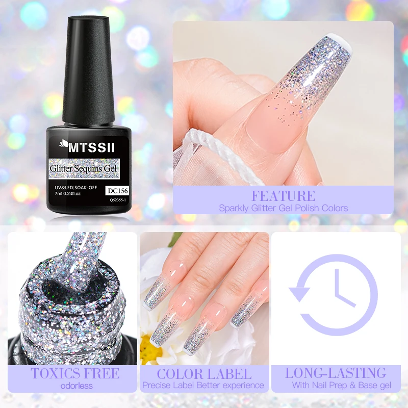 7ML Silver Glitter Gel เล็บที่มีสีสัน Shining Sequins กึ่งถาวร Soak Off Need Base Top Coat Nail Art เจลเคลือบเงา