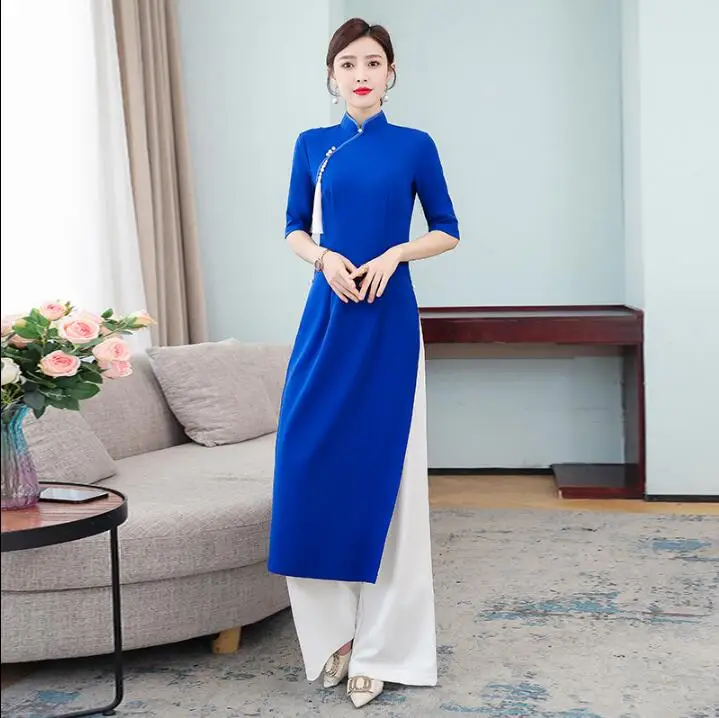 Vietnam Ao dai Cheongsams Include Pants Women Qipao Vintage Summer  Dress