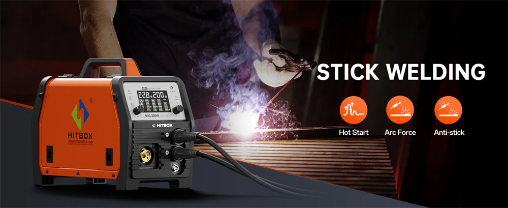 HITBOX MIG-Schweißgerät 220V 200 Ampere 7-in-1 Stick ARC MMA Gaslos/Gas MIG Lift TIG Punktschweißgerät mit Spool Gun, Einzelpuls-Aluminiumschweißgerät, großem LED-Digitalbildschirm und Inverter-Schweißwerkzeug – Detail 7