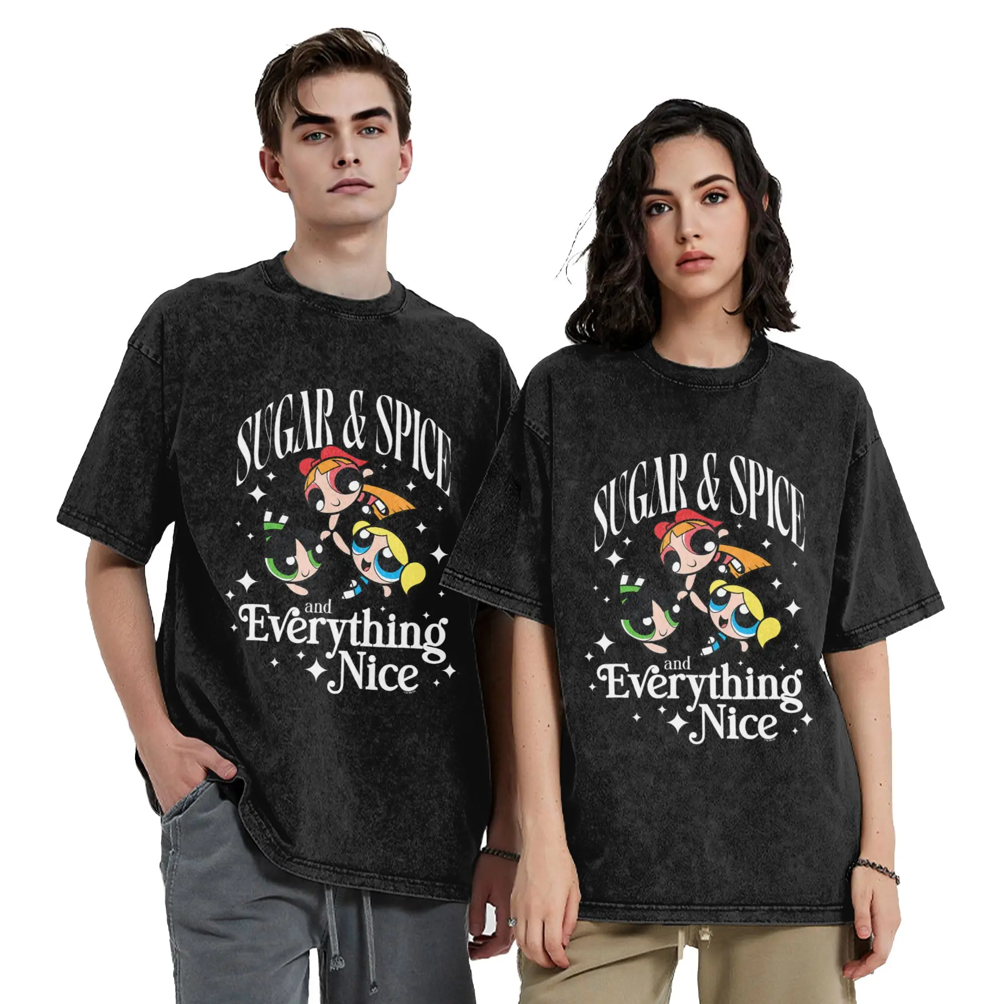 Gewaschene T-Shirts P-PowerPuffs Cartoon Drei Mädchen T-Shirts Streetwear Kurzarm Bedruckte Oberteile Tops Tees für Männer Frauen