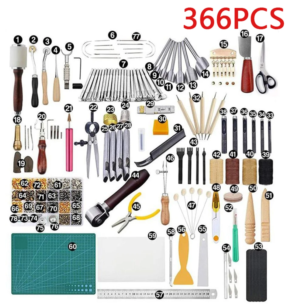 Imagem -05 - Couro Artesanato Mão Conjunto de Ferramentas Kit Faça Você Mesmo 59 Pcs 366 Pcs Conjunto Completo Profissional