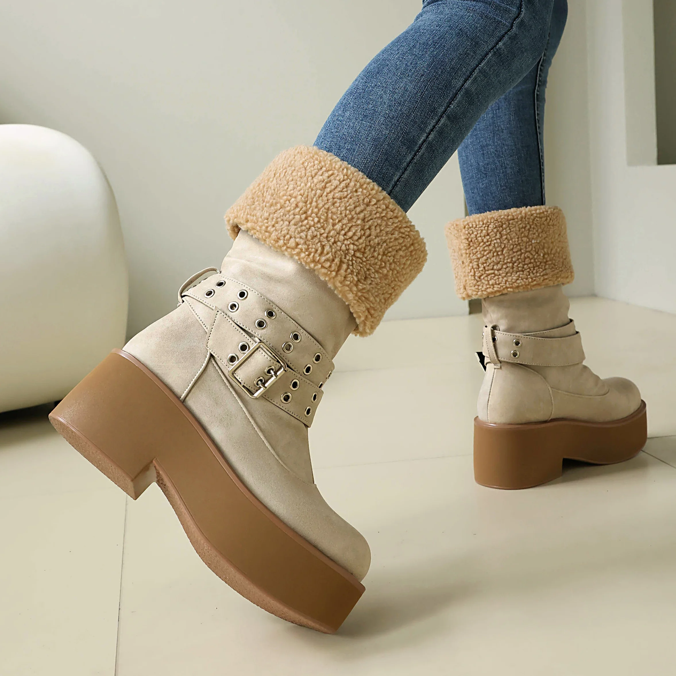 2026 Long Boots with Round Toe, No Need for Tie Up, Metal Buckle, Thick Sole, Height Increasing, Mid Length Boots
