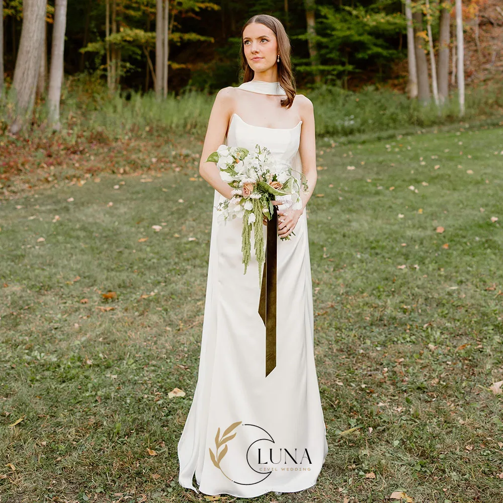 Luna Simple Classic Curved Strapless Customized Bridal Dress Ivory A Line Long Scarf Wedding Gown Outdoor Photography Dresses