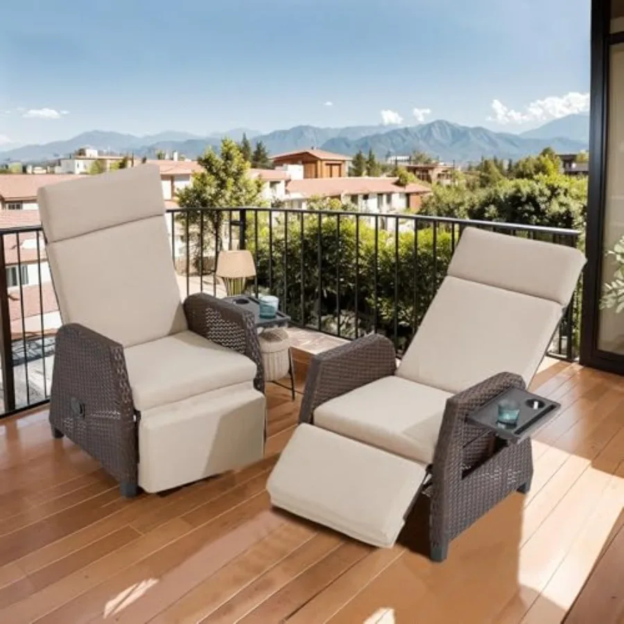 Outdoor Patio Recliner Chair 180° Reclining Patio Chairs with Adjustable Backrest and Flip-Up Table Rattan Reclining Lounge Cha