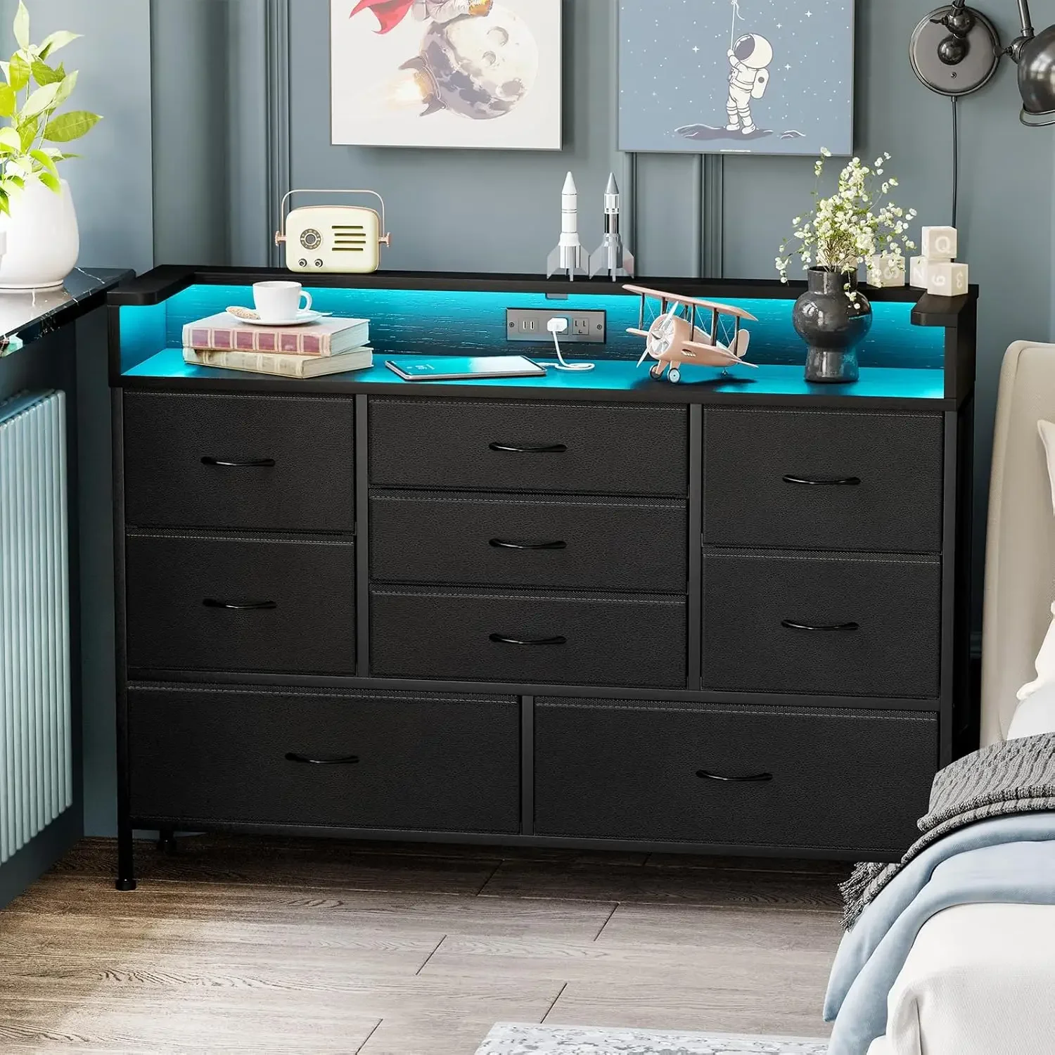 Black LED Dresser, Dresser with 9 Drawers and Charging Station, Fabric Chest of Drawers with PU Finish for Kid Room,