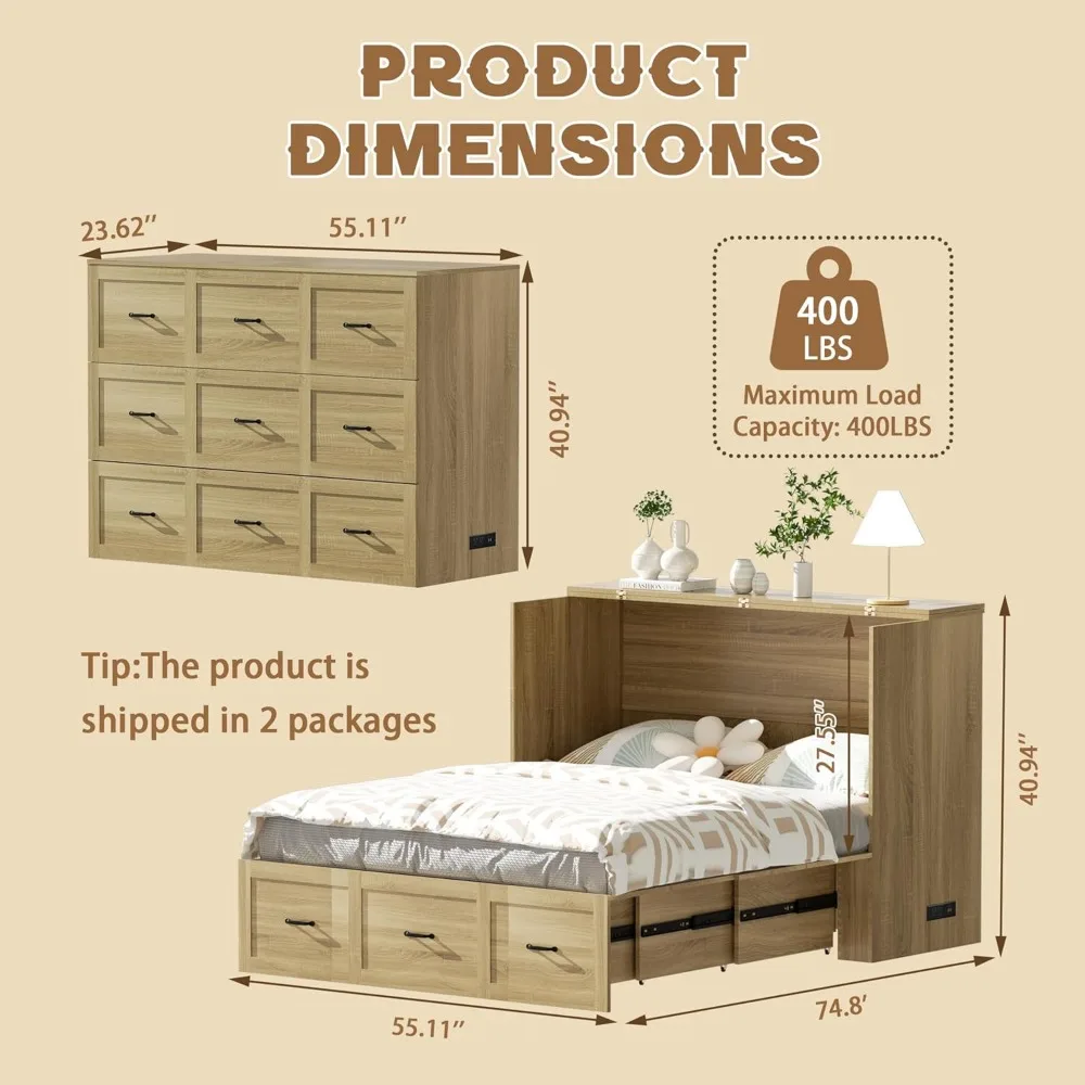 خزانة سرير جدارية خشبية كاملة الحجم من سرير ميرفي مع درج كبير موفر للمساحة ومنصة مخفية قابلة للطي وخزانة متنقلة #3