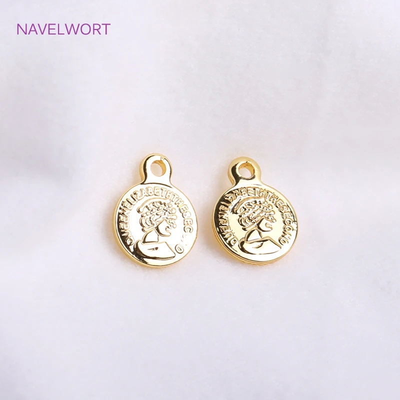 8mm 14K Gold Plated Tiny Coin Charms With Queen Avatarm,Brass Metal Round Coin Charms For Bracelet Making Accessories Wholesale