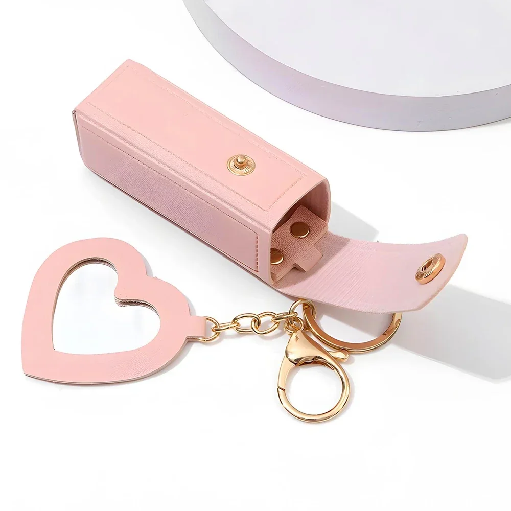 Pu Leather Lipstick Holder Keychain Portable Heart Shaped Mirror Keyring With Mini Pouch Backpack Ornaments Women Girl Gift