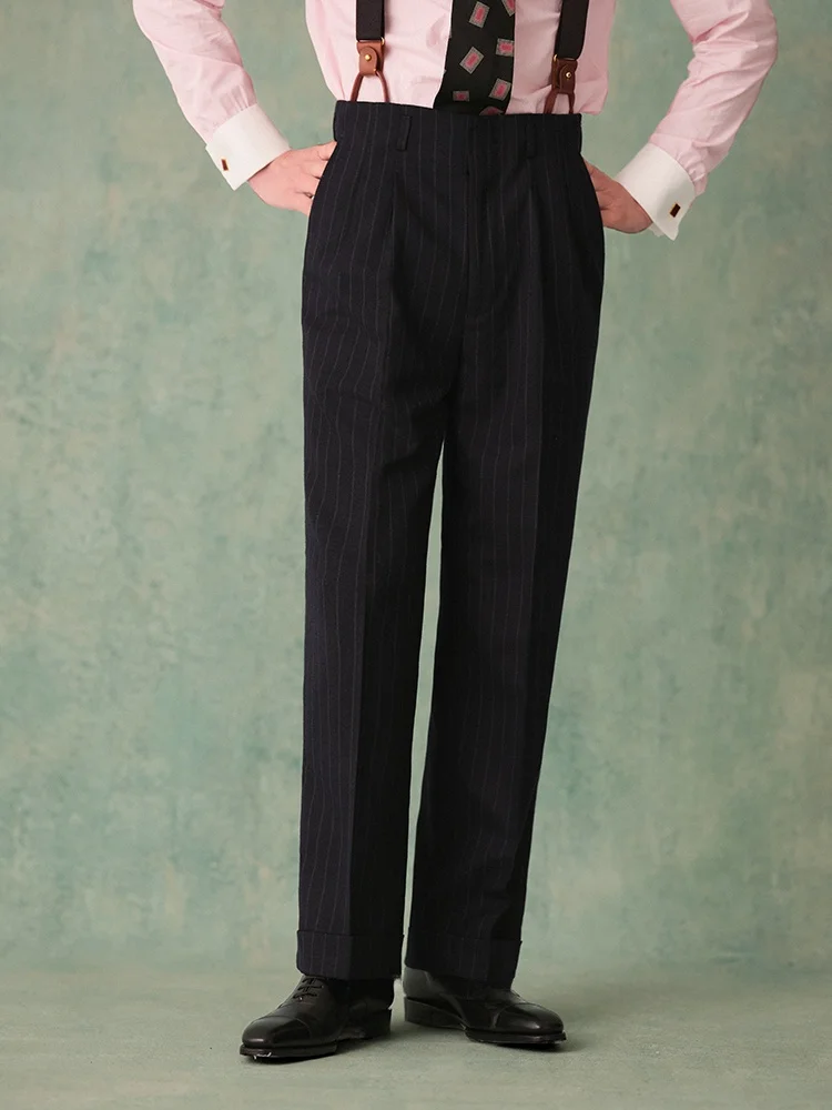 

Cultum Sle Thiened Men's Casual Suit Pants Retro Vertical Stripes Double Pleats Classic Busin Leisure Trousers