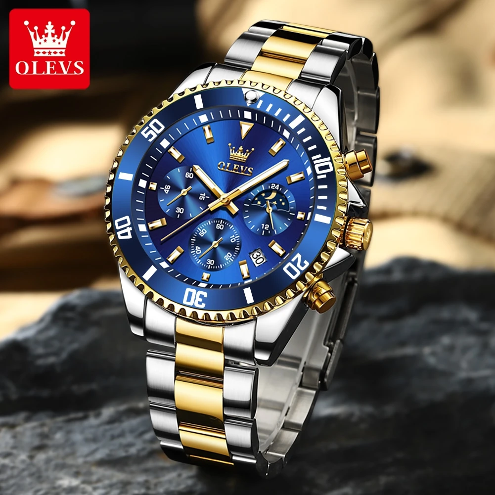 OLEVS 42.5mm Men Watch Moon Phase Waterproof Sports Diving Watches Original Fashion Multifunctional Quartz Watches for Men 2870