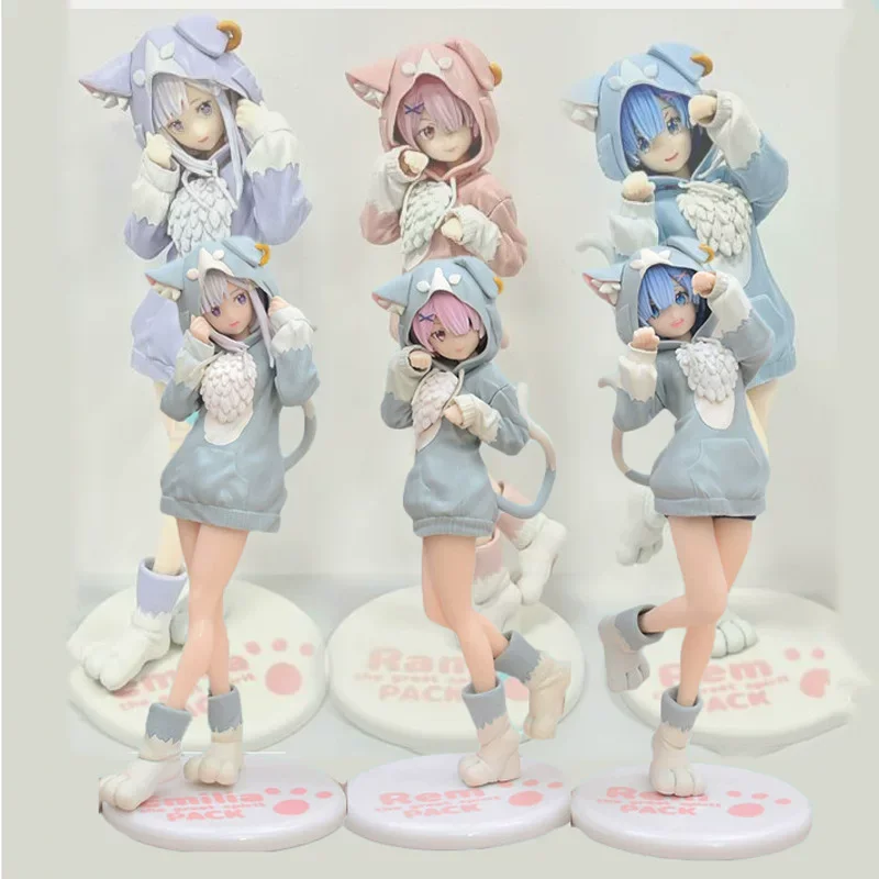 6pcs Anime Re:Zero Rem Ram Emilia Cute Girl Action Figure 20cm Puck Cosplay Hoodie Doll Collect Model Toy Desktop Decor Boy Gift view 2