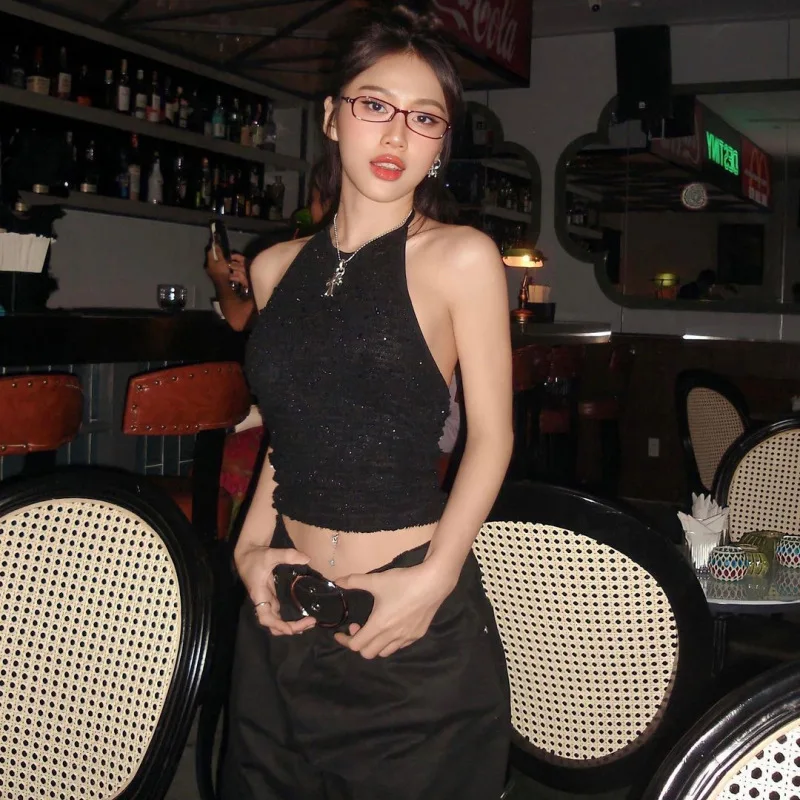 

European and American summer fashion women's sequins sexy backless sleeeless crop top slim fit short vest