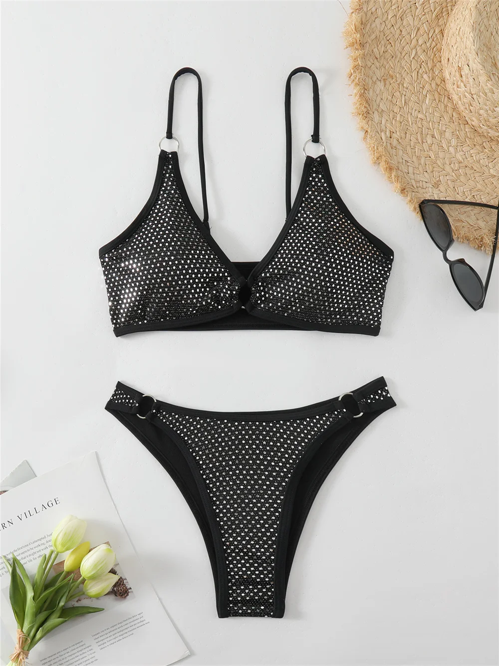 

Sexy Black Bikini Shiny Sequin Swimsuit Push Up Sling Rings Y2K Goth Vacation Swimwear Women Beach Outfits Bathing Swimming Suit