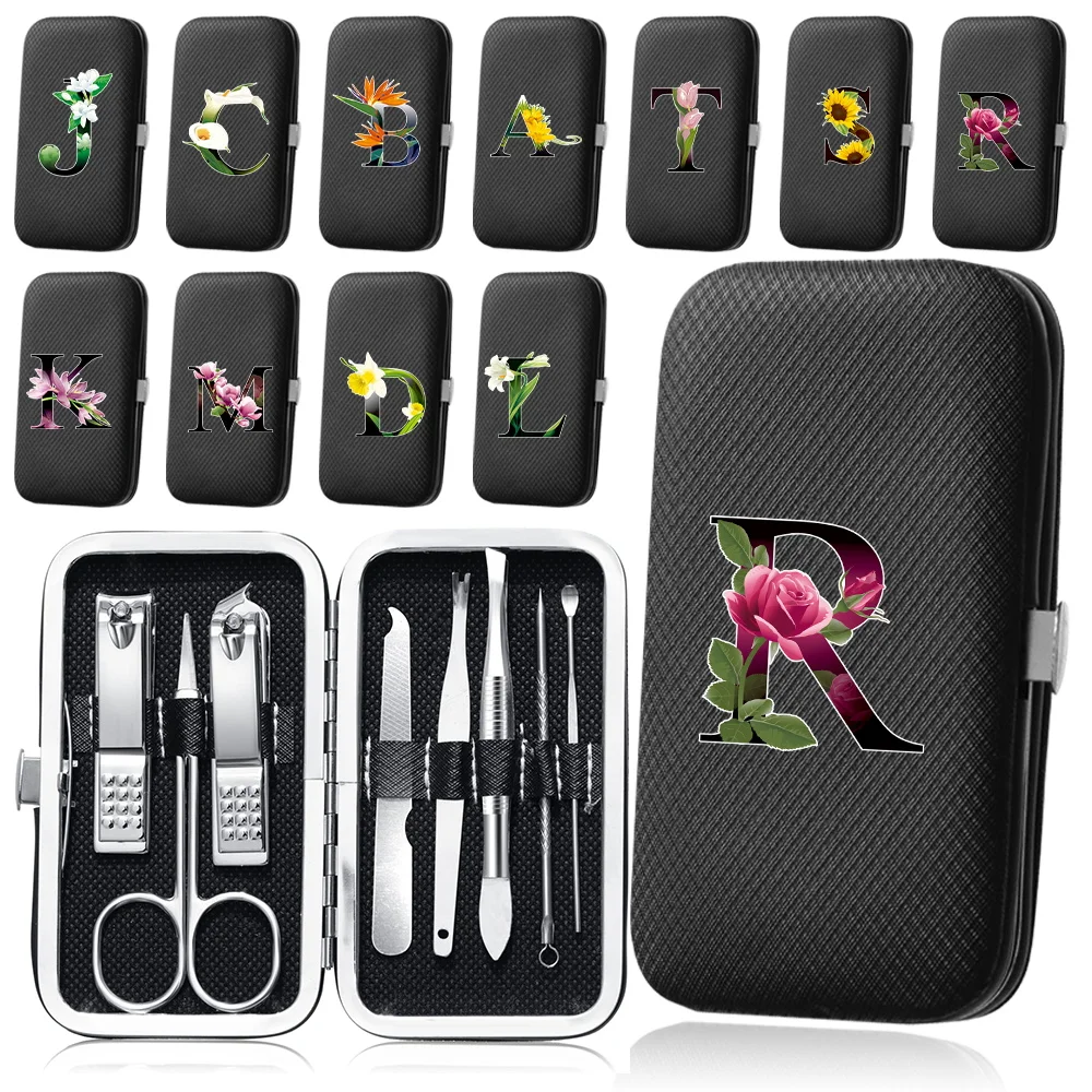 8Pcs Portable Manicure Cutters Set Stainless Steel Pedicure Tool Organizer Nail Clipper Kit Pocket  Flower Color Letter Pattern