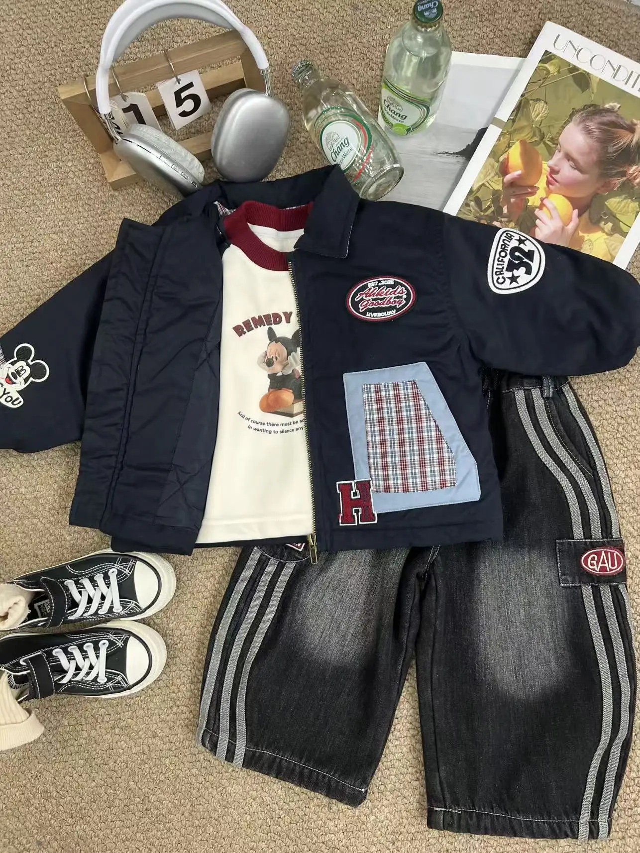 

Korean Mickey Patchwork Jacket For Boy Lapel Cartoon Pattern Splicing Cotton Coat Casual Fashion Loose Kid's Thicken Jackets