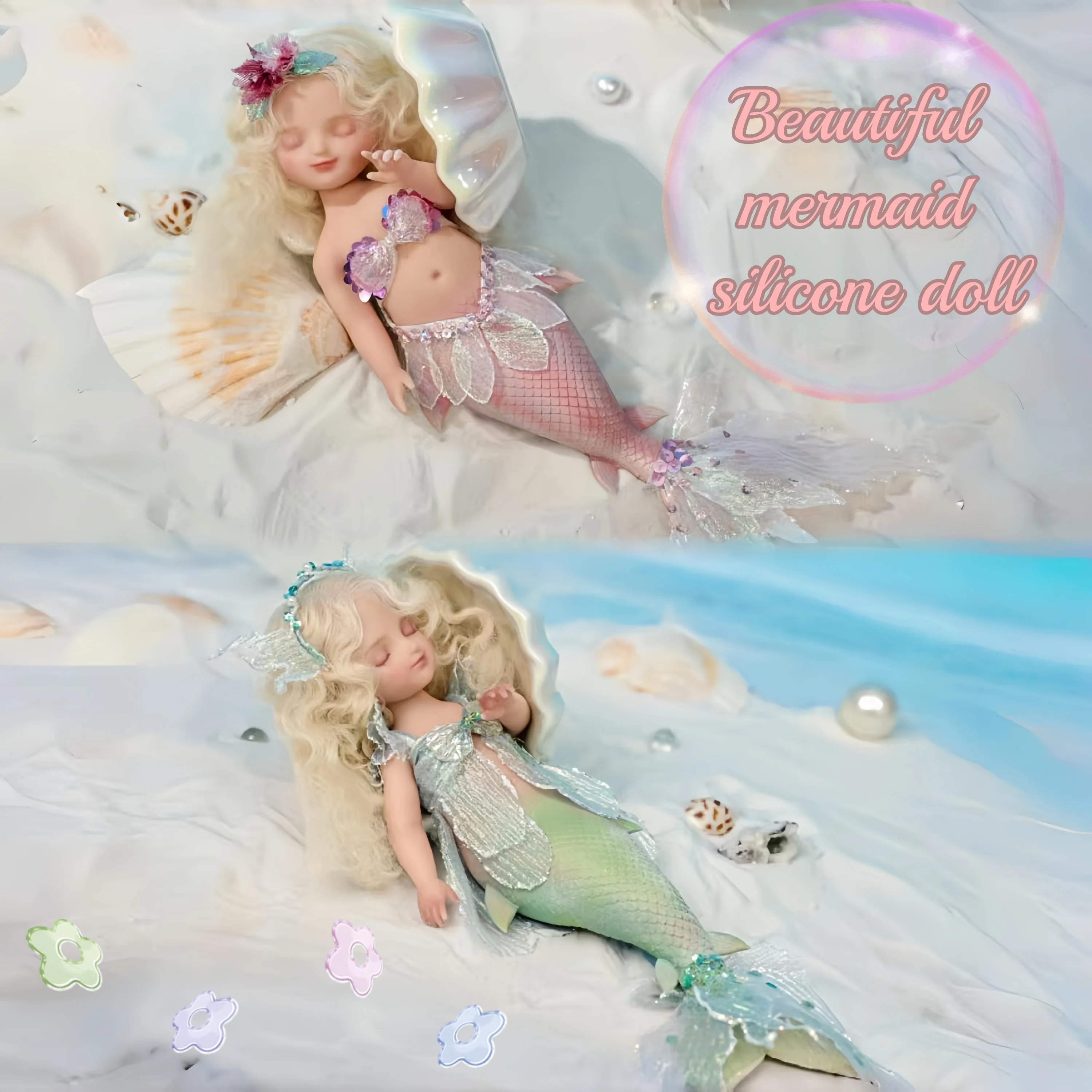 

10Inch Beautiful Mermaid Silicone Doll With Long Blonde Hair And Sparkling Tail 2 Styles Option Reborn Doll For Children's Gift