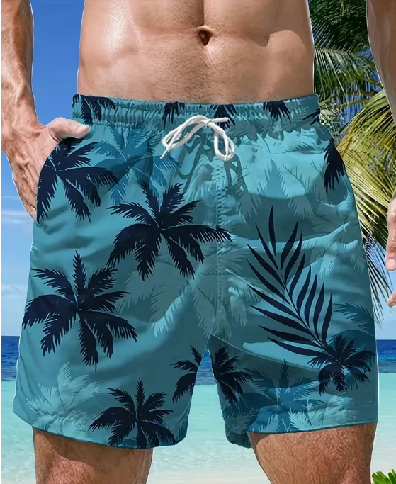 Shorts com estampa de folhas masculinas com bolsos, shorts casual com cordão para praia, verão, natação, surf, nova moda