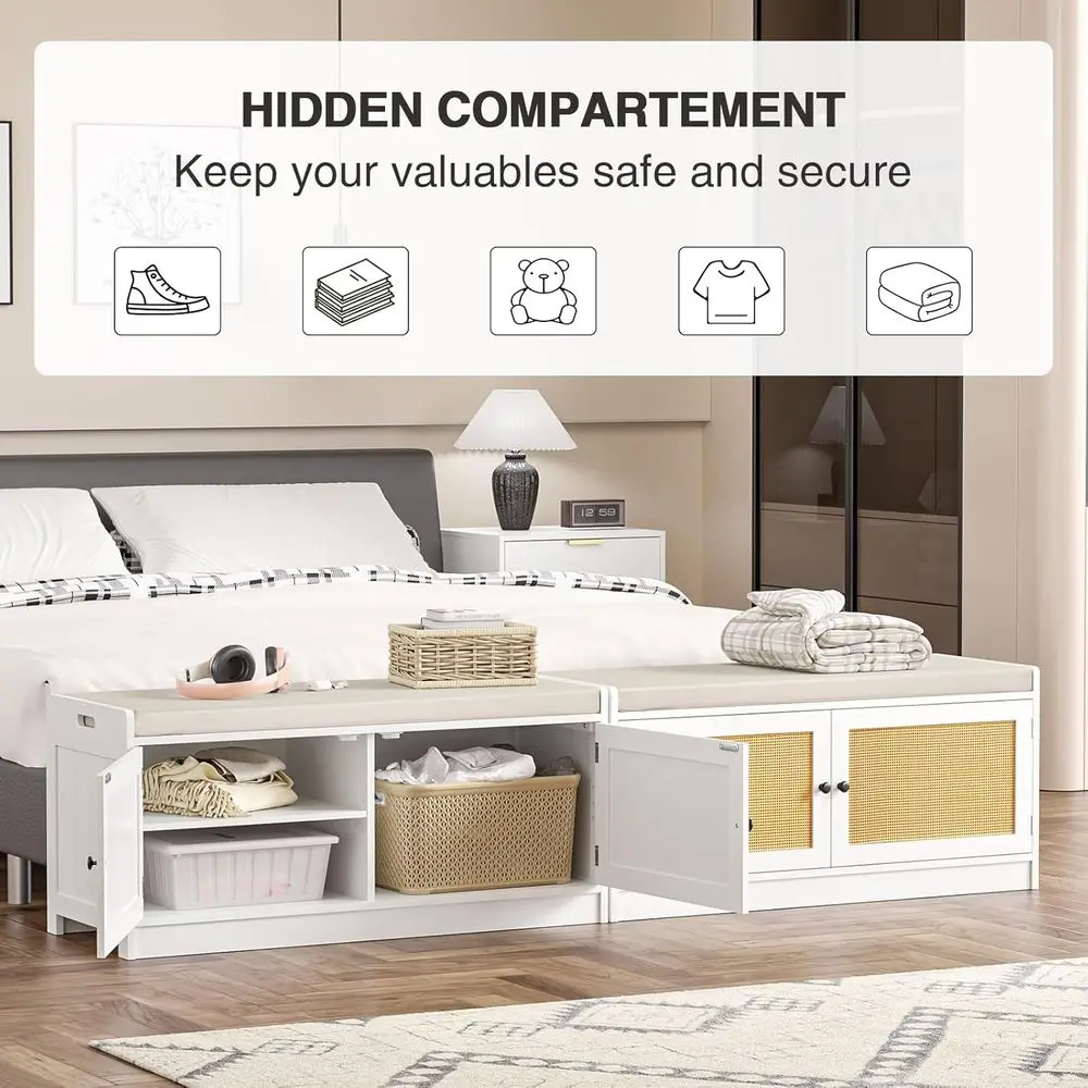 مقعد تخزين أحذية الروطان باللون الأبيض على طراز بوهو مع وسادة للممر وغرفة النوم